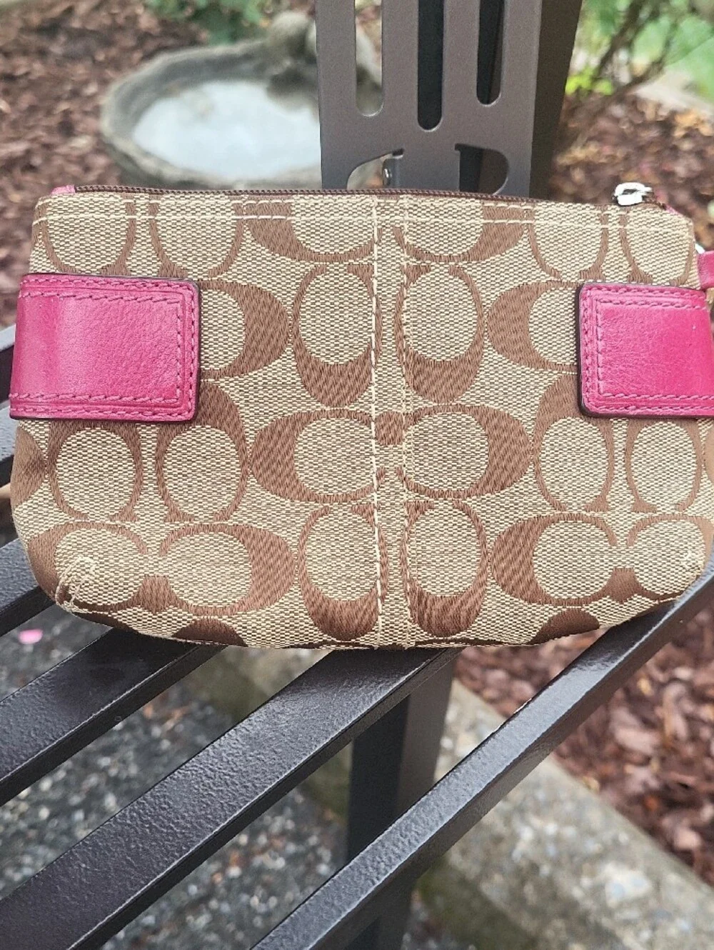 Coach Signature Canvas Wristlet in Brown with Pink Trim